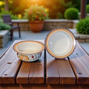 2 Dansk Fiance Fruits 6 3/4" Fruit Cereal Bowls Blue Orange Rims Excellent Cond